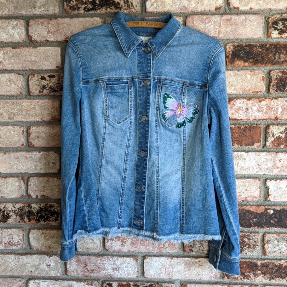 🦋 Chico's Jean Jacket with Hand Painted Butterflies and Raw Hem Size 1